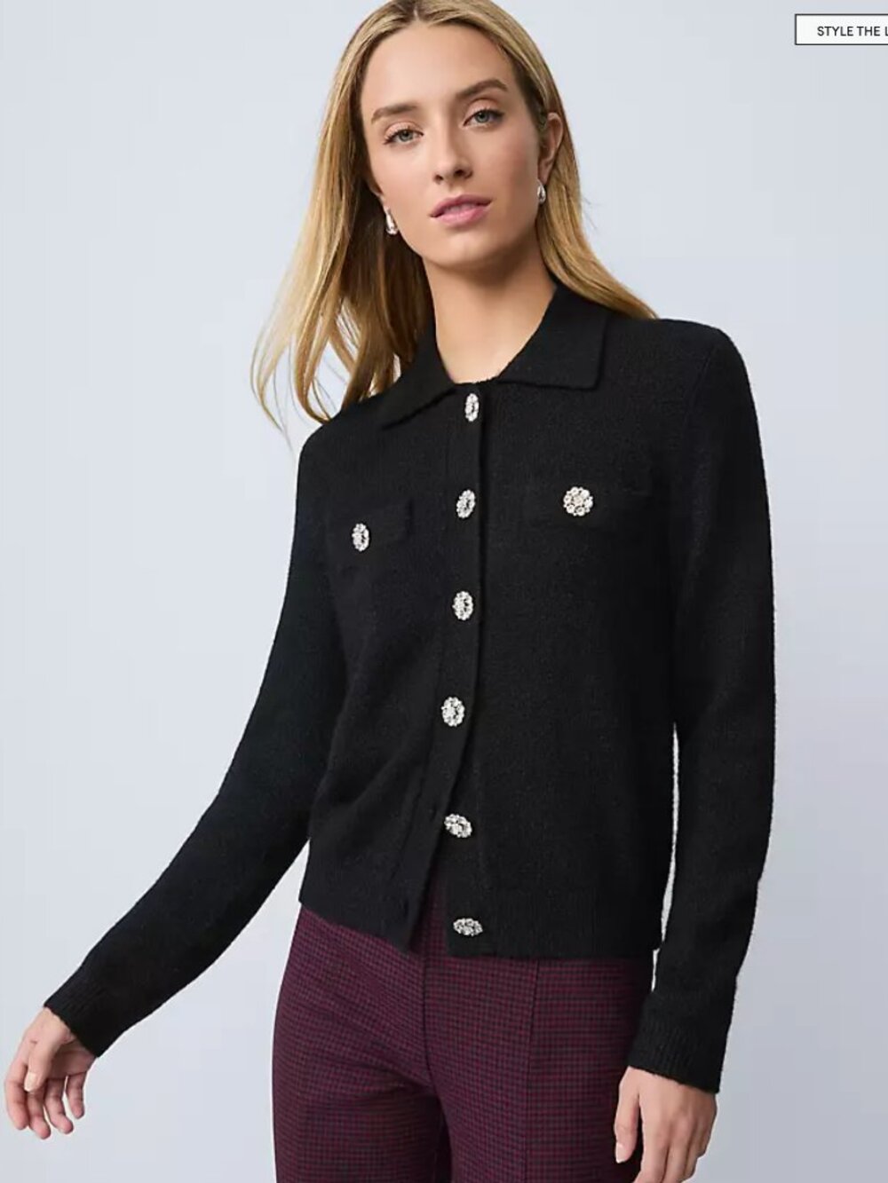 Ann Taylor Black Knit Button-Front Jacket with Rhinestone Buttons